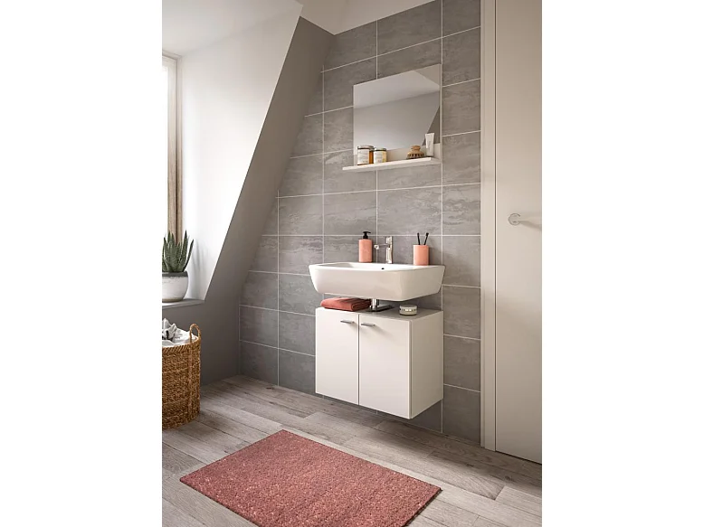 Boston - Meuble sous lavabo et miroir (L/H/P : 57x44x33 cm) en mélaminé blanc, vasque non incluse