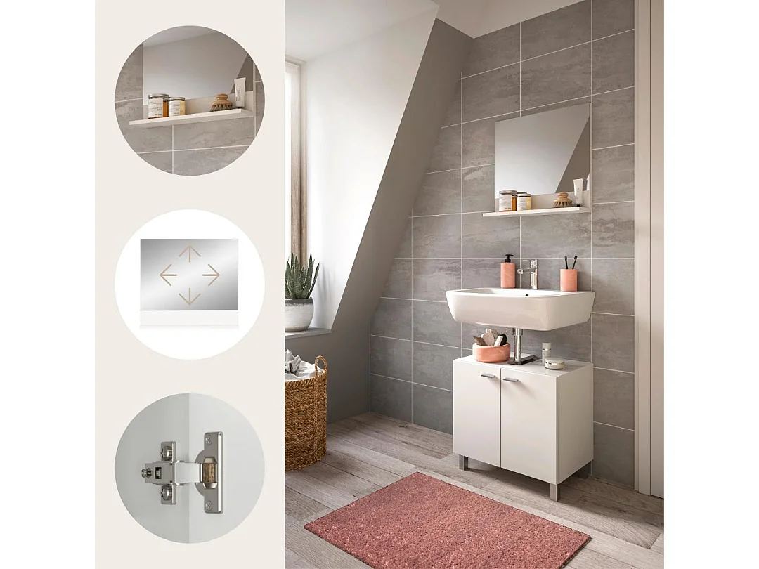 Boston - Meuble sous lavabo et miroir (L/H/P : 57x44x33 cm) en mélaminé blanc, vasque non incluse