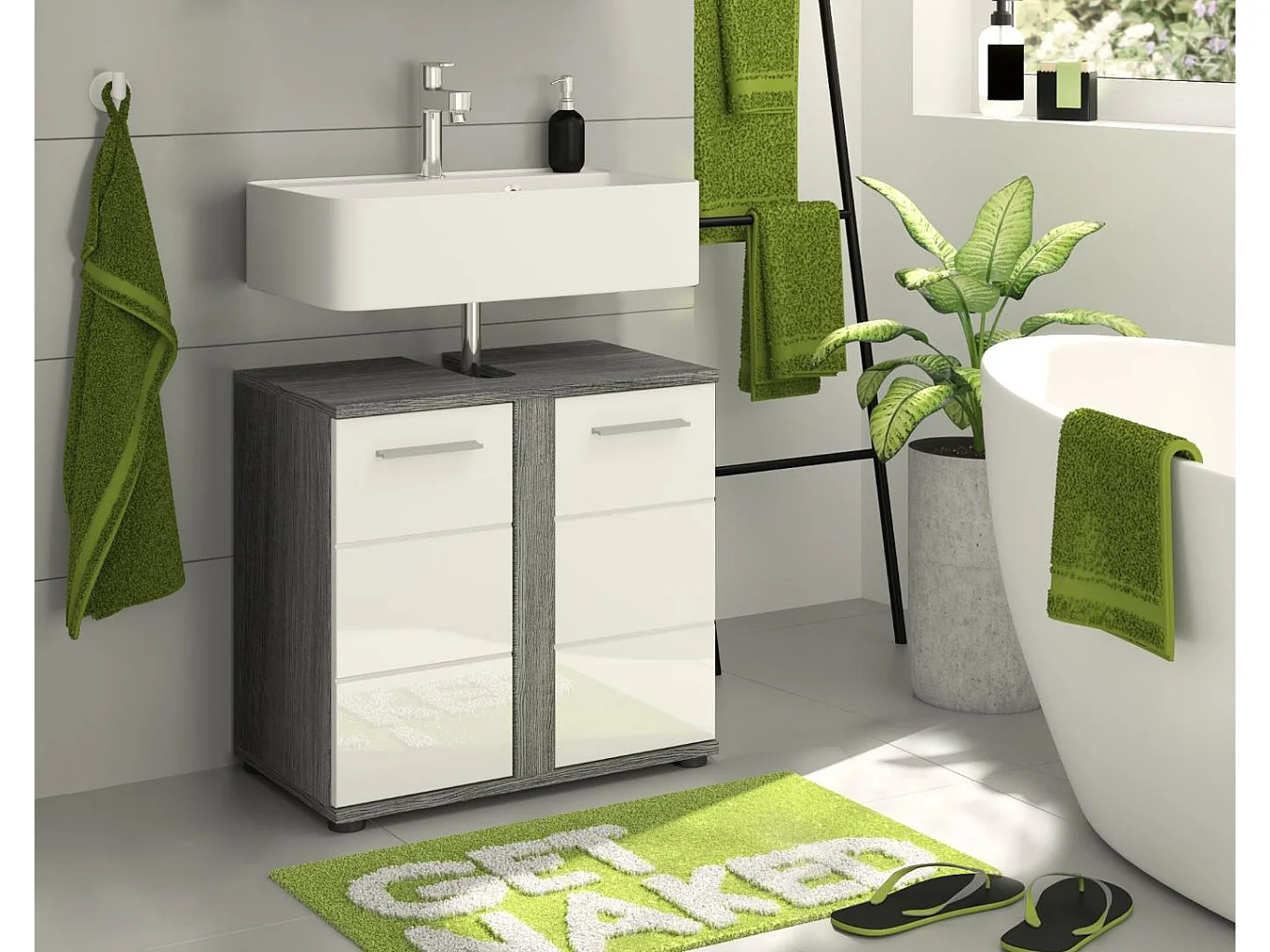 Blake - Meuble sous-lavabo en mélaminé blanc et argenté (L/H/P : 60x57x34 cm)