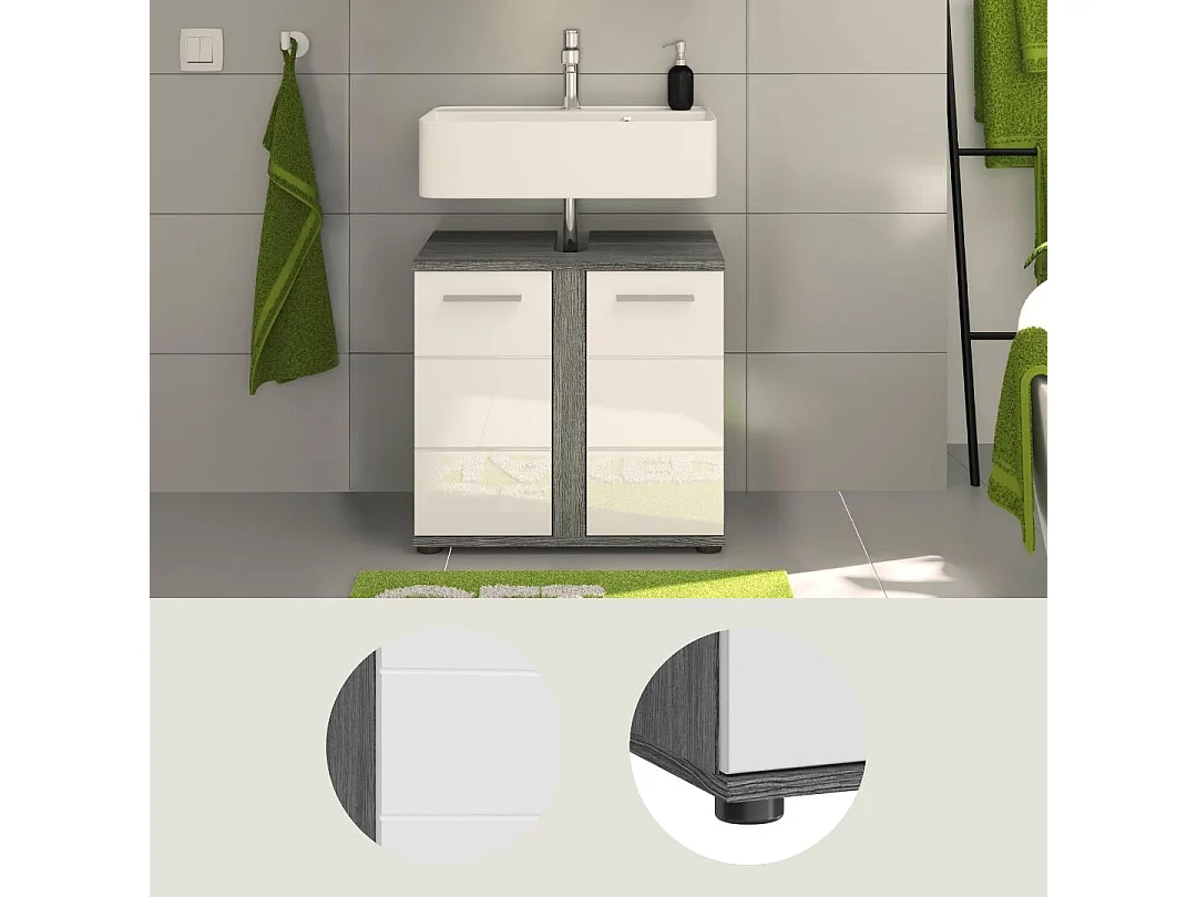 Blake - Meuble sous-lavabo en mélaminé blanc et argenté (L/H/P : 60x57x34 cm)