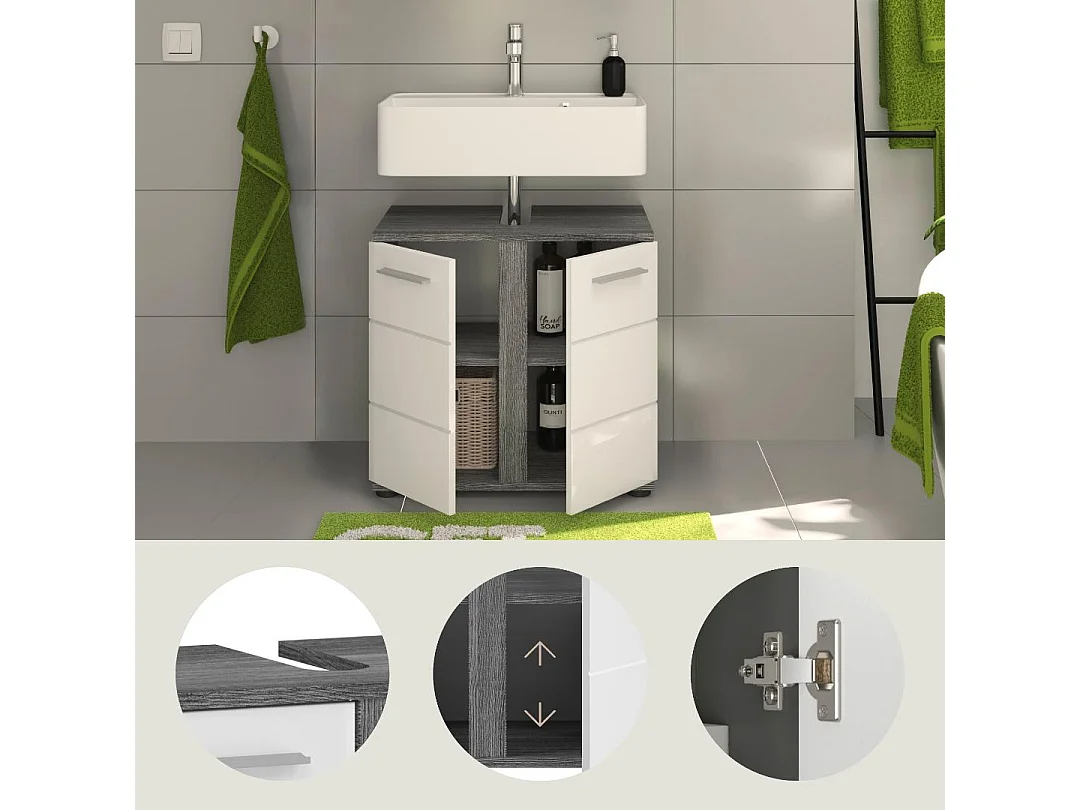 Blake - Meuble sous-lavabo en mélaminé blanc et argenté (L/H/P : 60x57x34 cm)