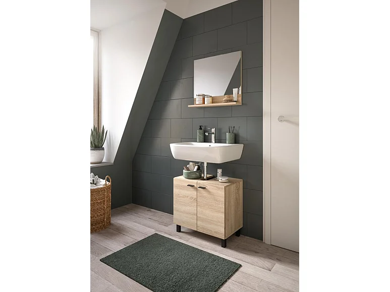 Boston - Meuble sous lavabo et miroir (L/H/P : 57x44x33 cm) en mélaminé chêne, vasque non incluse