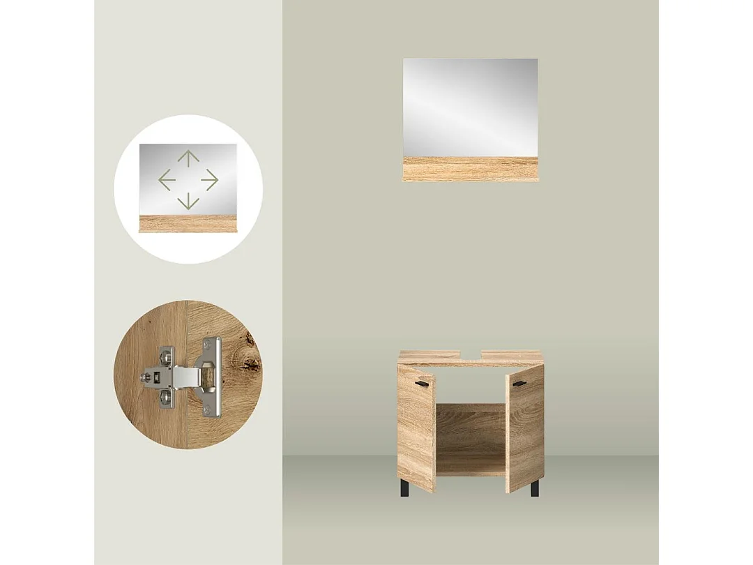 Boston - Meuble sous lavabo et miroir (L/H/P : 57x44x33 cm) en mélaminé chêne, vasque non incluse