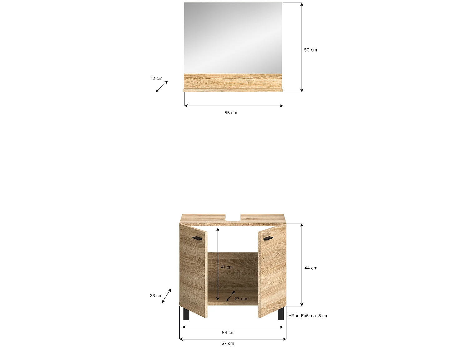 Boston - Meuble sous lavabo et miroir (L/H/P : 57x44x33 cm) en mélaminé chêne, vasque non incluse