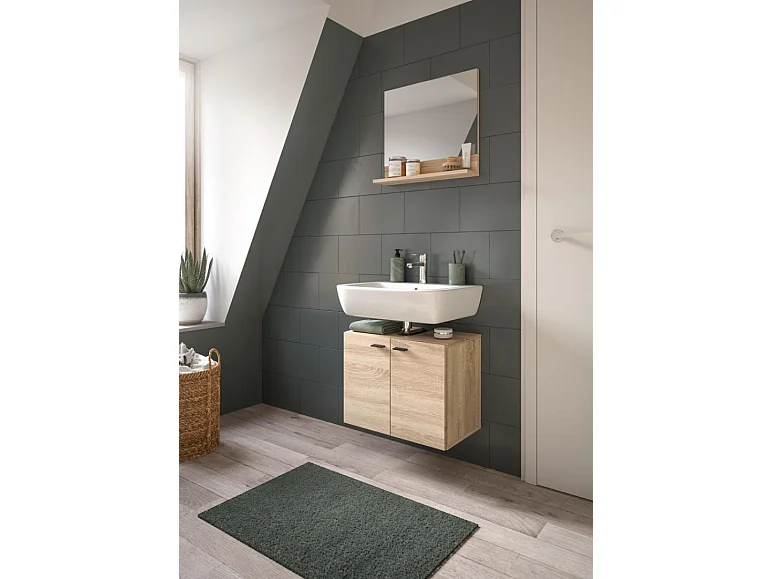 Boston - Meuble sous lavabo et miroir (L/H/P : 57x44x33 cm) en mélaminé chêne, vasque non incluse