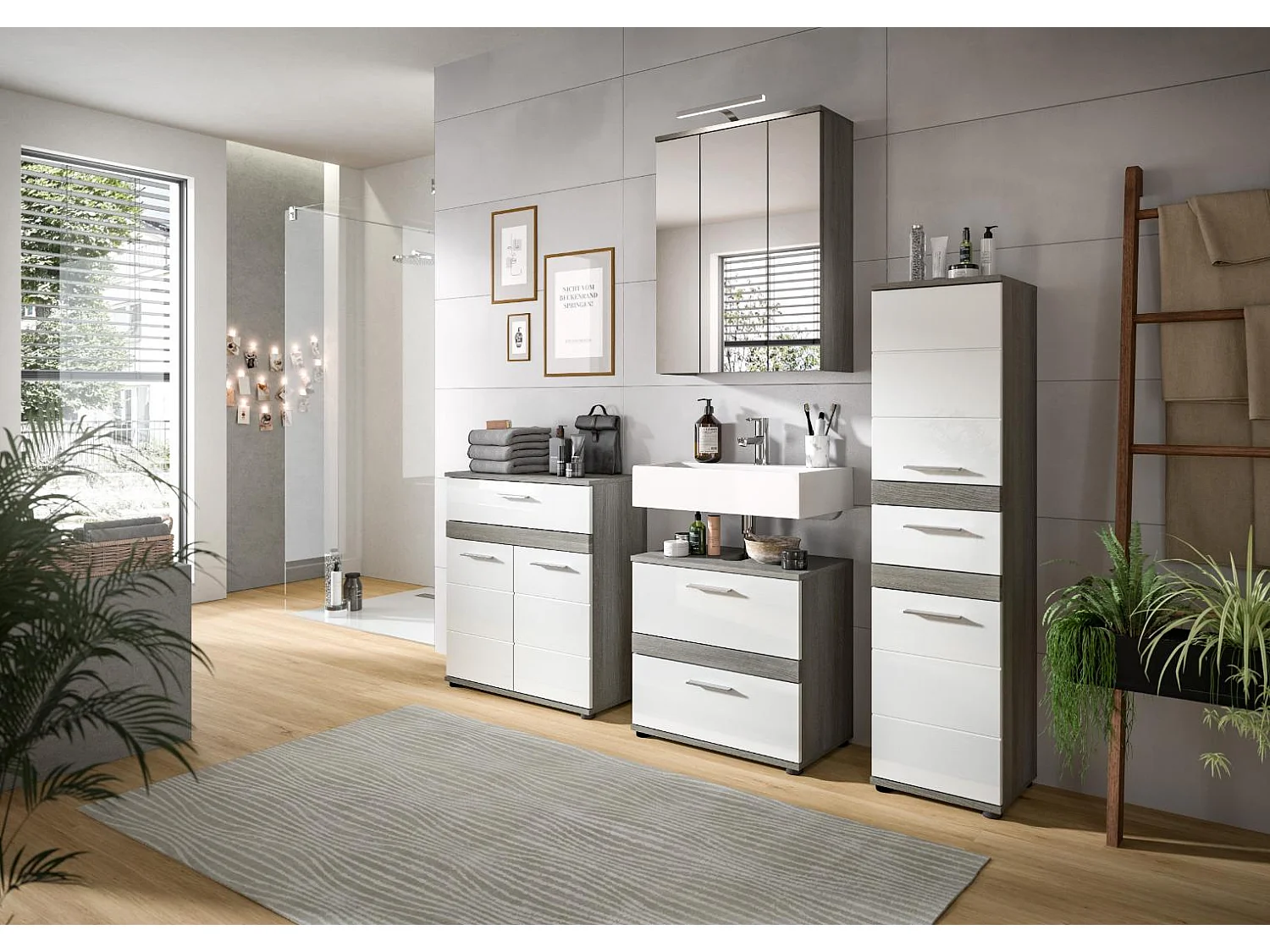 Blake meuble sous lavabo 2 tiroirs blanc brillant, gris.