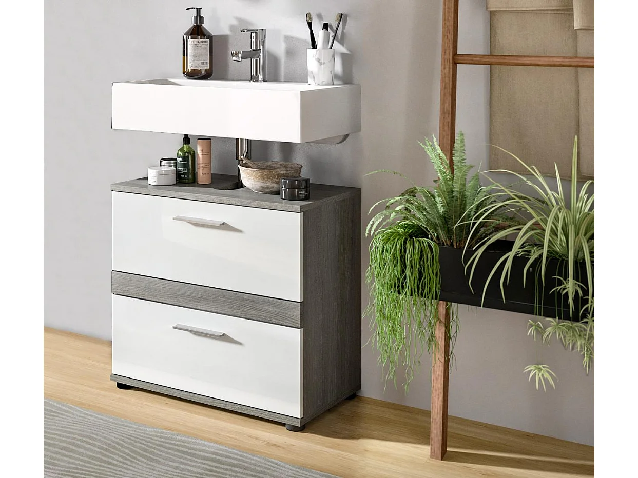 Blake meuble sous lavabo 2 tiroirs blanc brillant, gris.