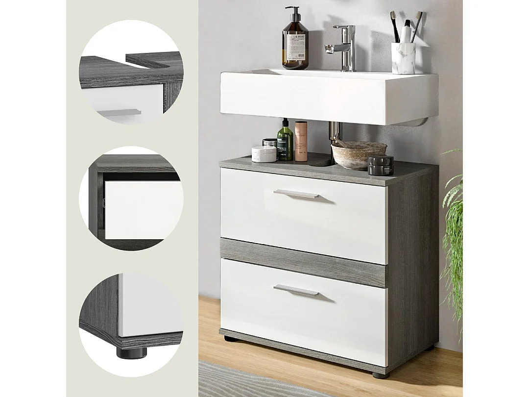 Blake meuble sous lavabo 2 tiroirs blanc brillant, gris.