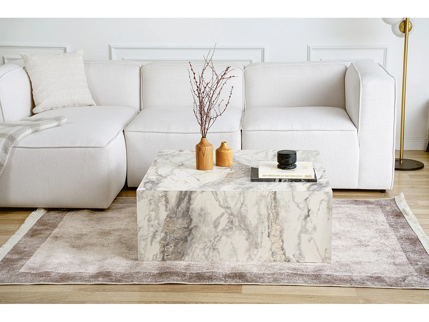 Table basse carrée style contemporain Freezia L90cm Effet marbre Blanc