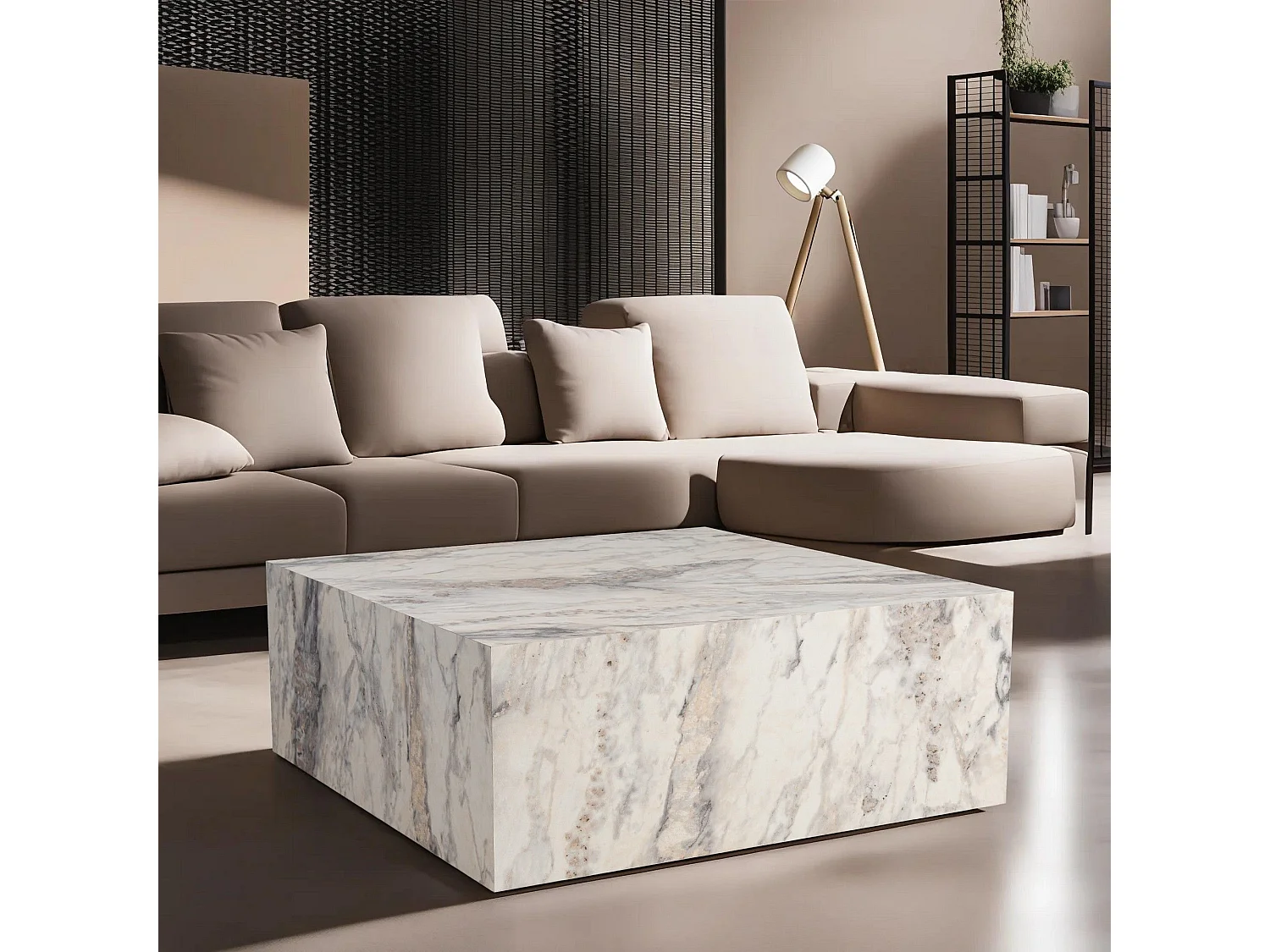 Table basse carrée style contemporain Freezia L90cm Effet marbre Blanc