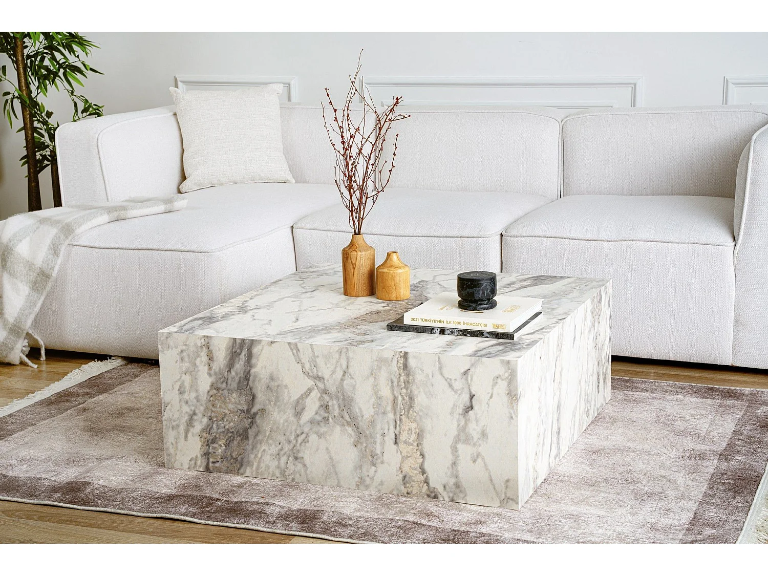 Table basse carrée style contemporain Freezia L90cm Effet marbre Blanc
