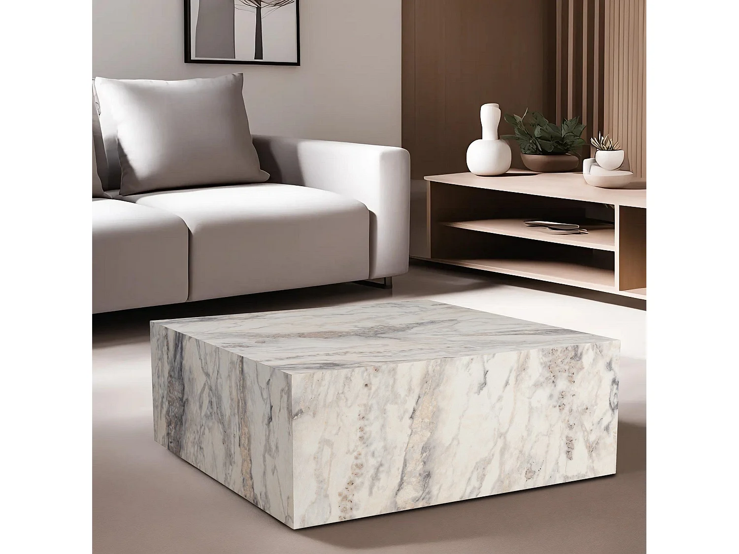 Table basse carrée style contemporain Freezia L90cm Effet marbre Blanc