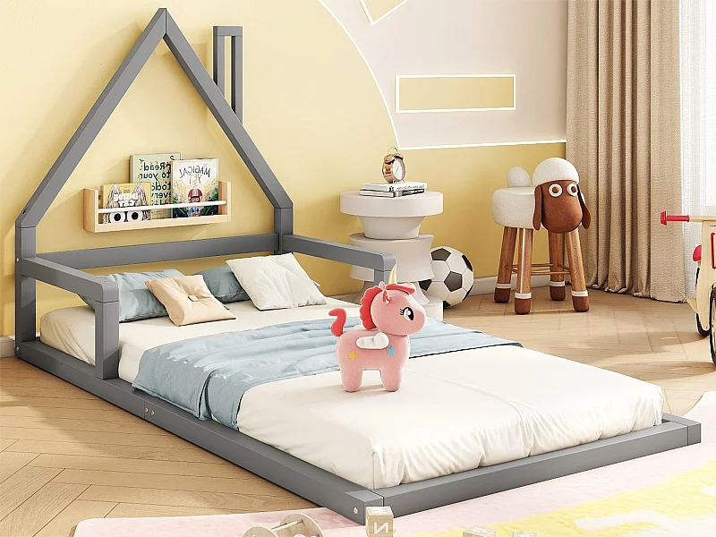 Lit enfant 90x200 cm - en bois de pin massif - Gris