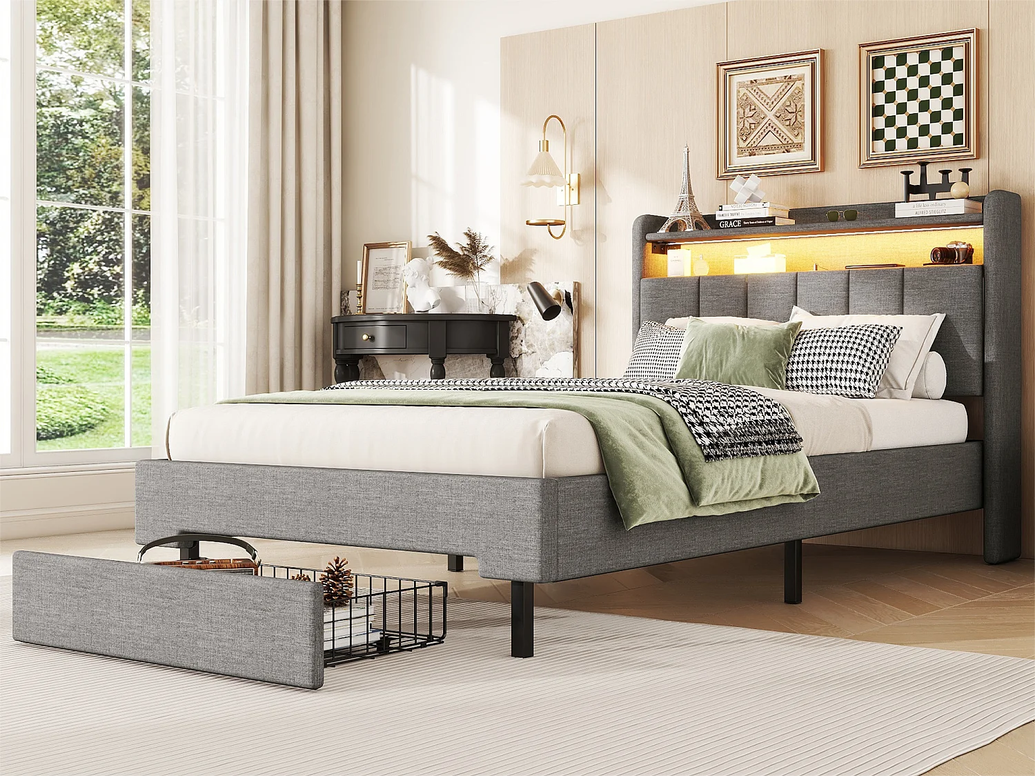 Erwachsenenbett 90x200 cm mit LED und USB-Anschluss – klappbarer Stauraumkopf – Grau