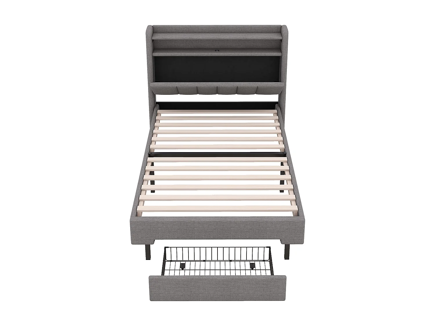 Erwachsenenbett 90x200 cm mit LED und USB-Anschluss – klappbarer Stauraumkopf – Grau