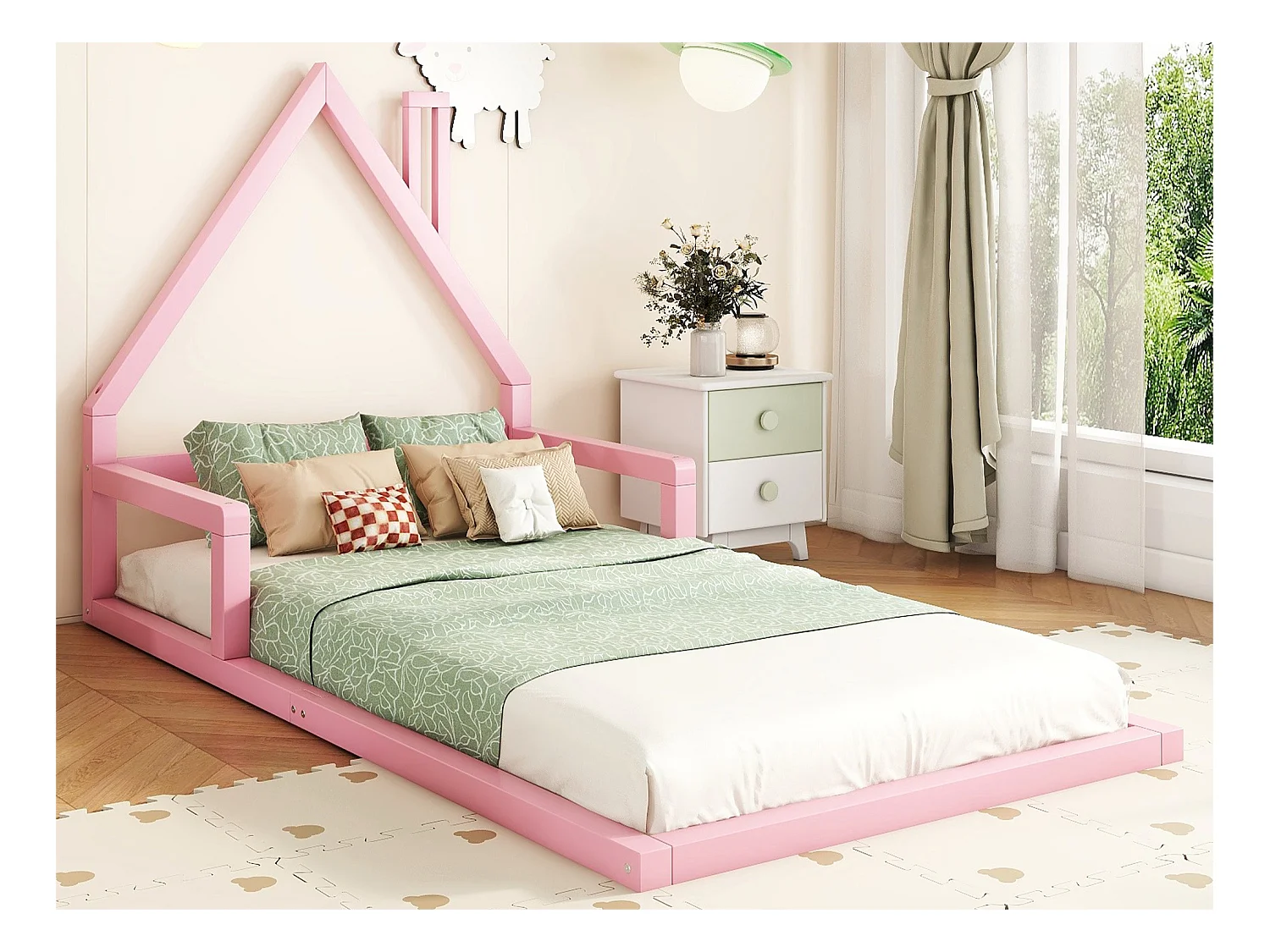 Lit enfant 90x200 cm - en bois de pin massif - Rose