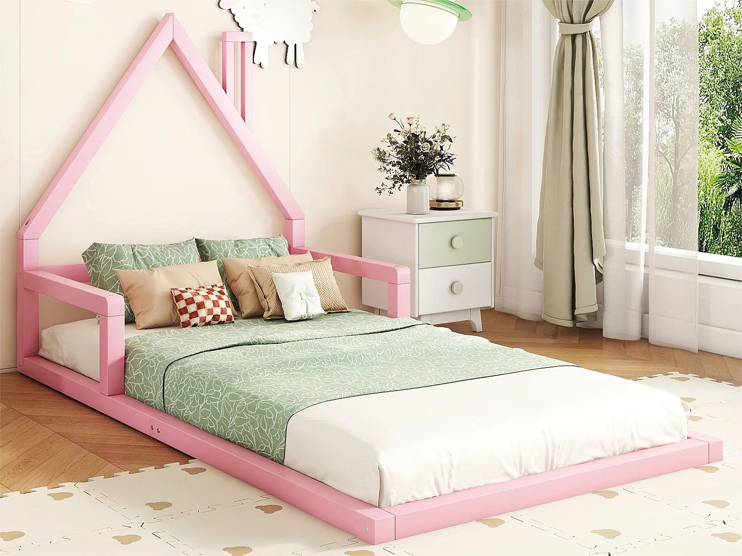 Lit enfant 90x200 cm - en bois de pin massif - Rose