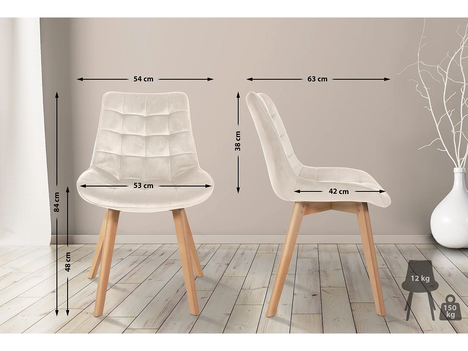 Lot de 2  chaise salle à manger - Velours - Crème - Brook