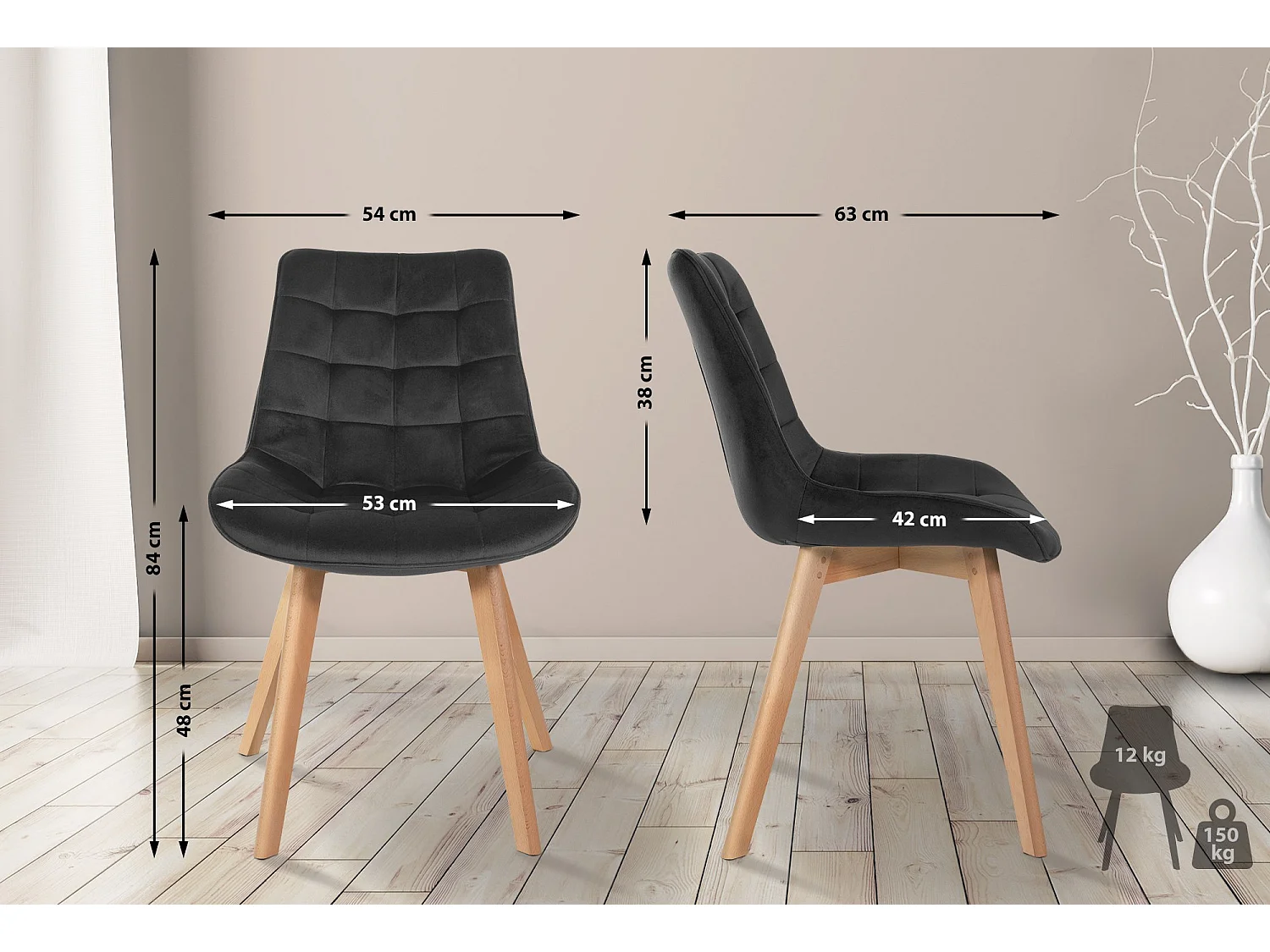 Lot de 2  chaise salle à manger - Velours & Blanc - Noir - Brook