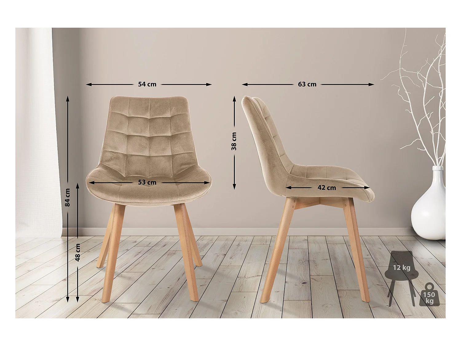 Lot de 2  chaise salle à manger - Velours & Blanc - Marron - Brook