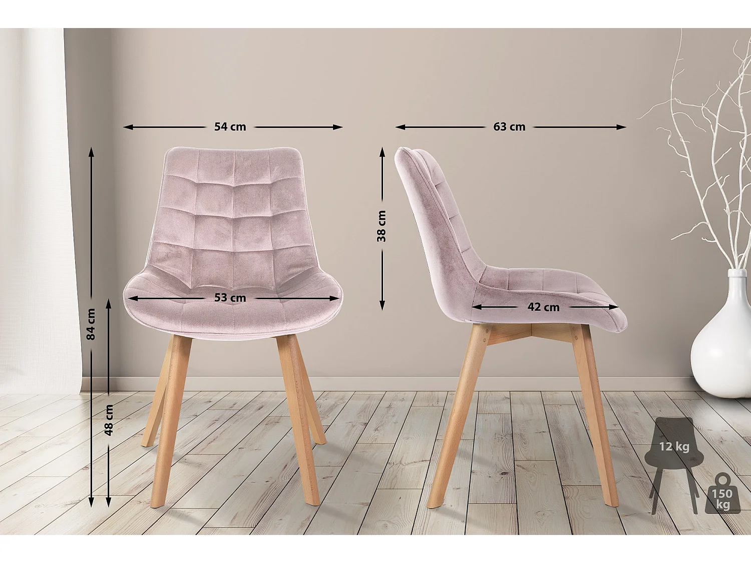 Lot de 2  chaise salle à manger - Velours & Blanc - Rose - Brook