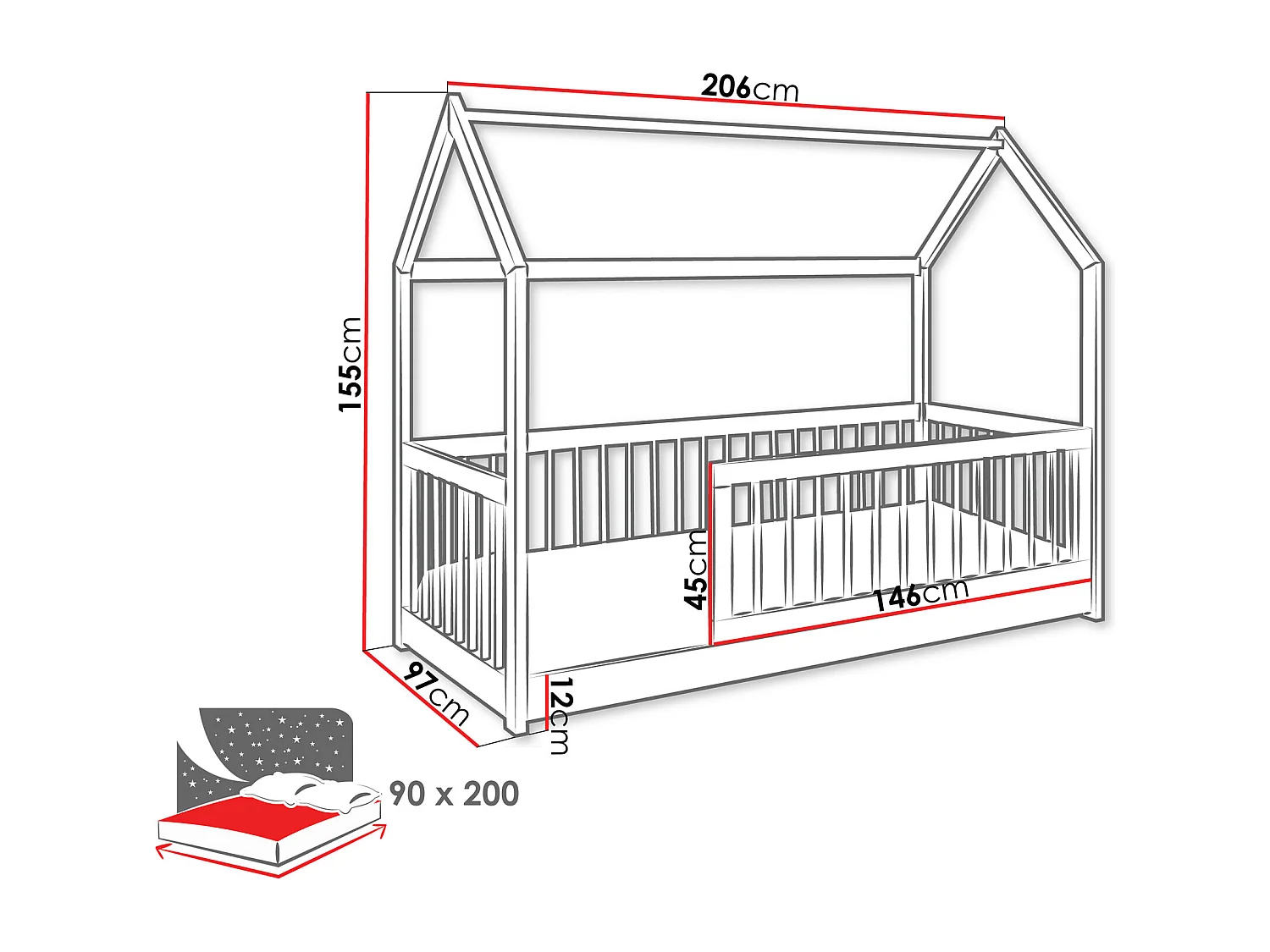 Cama Henderson 168, Individuales, Blanco, 90x200, Madera, Somieres, 97x206x155cm