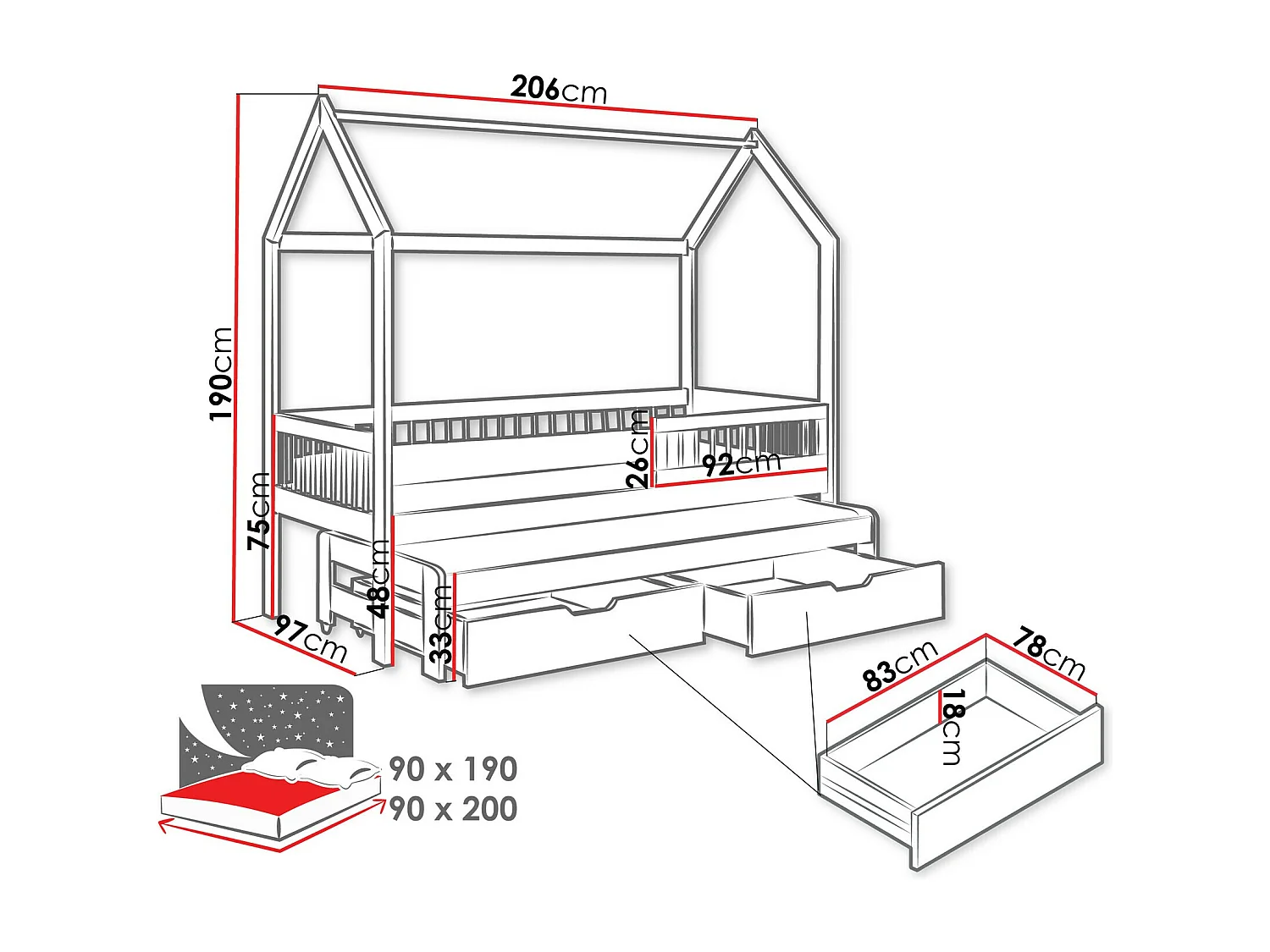 Cama Henderson 166, Individual con una cama supletoria-nido, Blanco, 90x190|90x200, 97cm