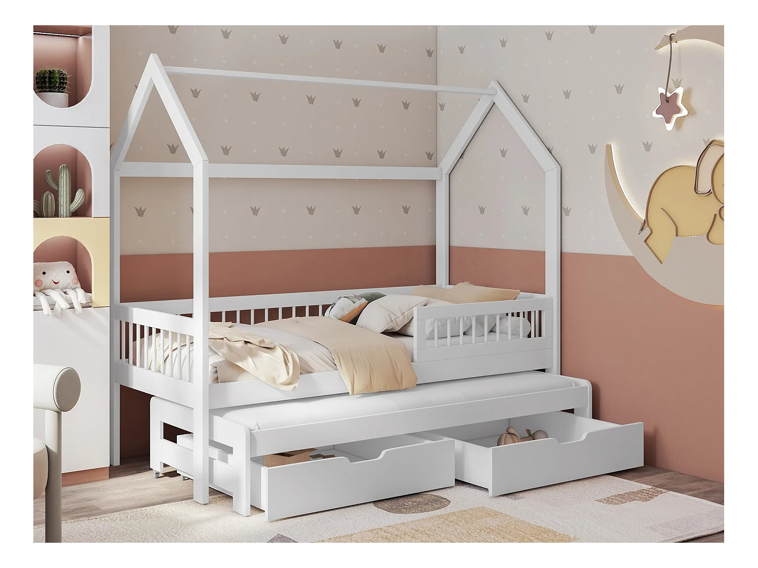 Lit Henderson 166, Simple avec un lit gigogne supplémentaire, Blanc, 80x180|80x170, Bois
