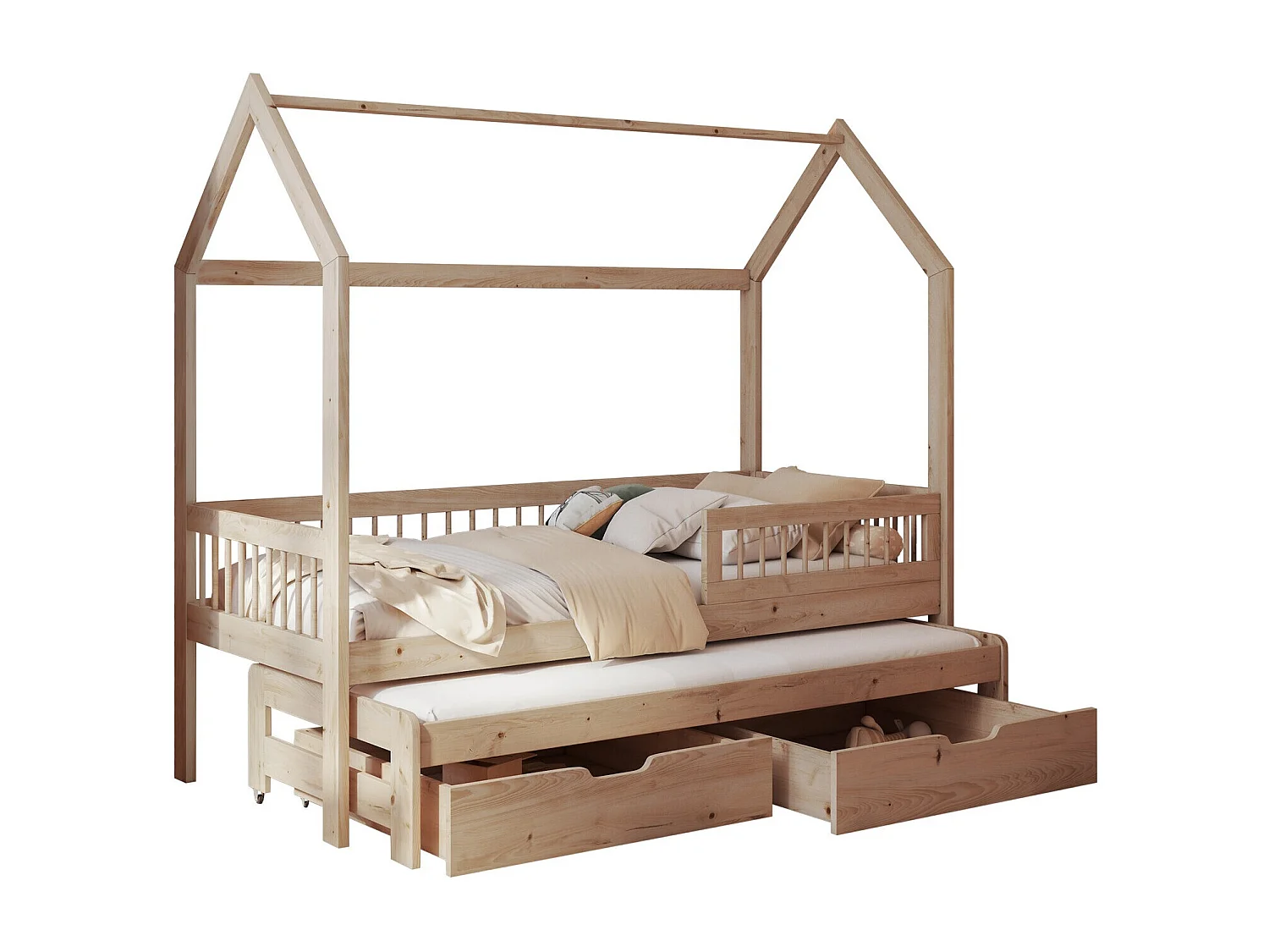 Cama Henderson 166, Individual con una cama supletoria-nido, De color marrón claro, 87cm