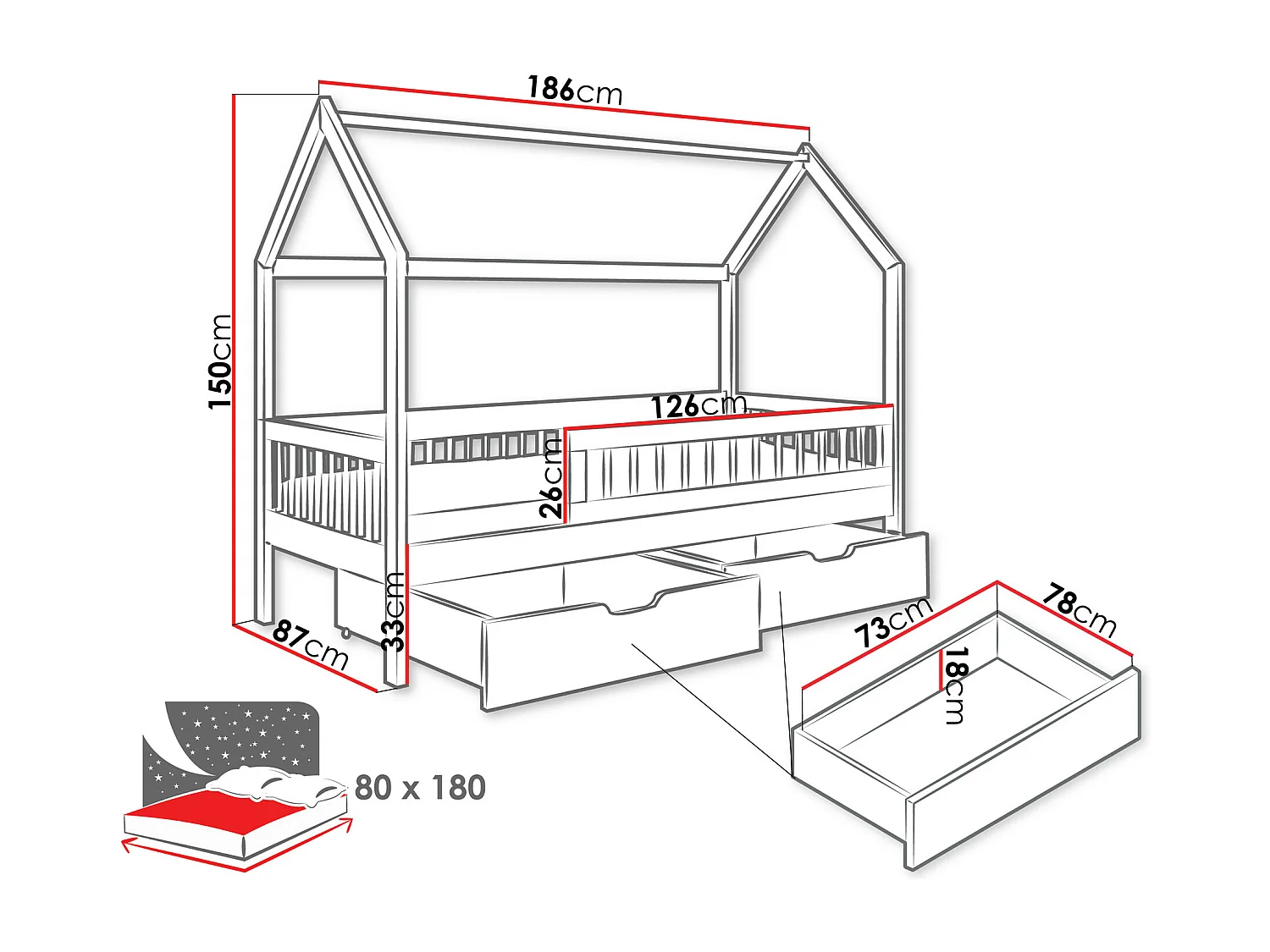 Lit Henderson 167, Unique, Gris, 80x180, Bois, Disponible, 87x186x150cm
