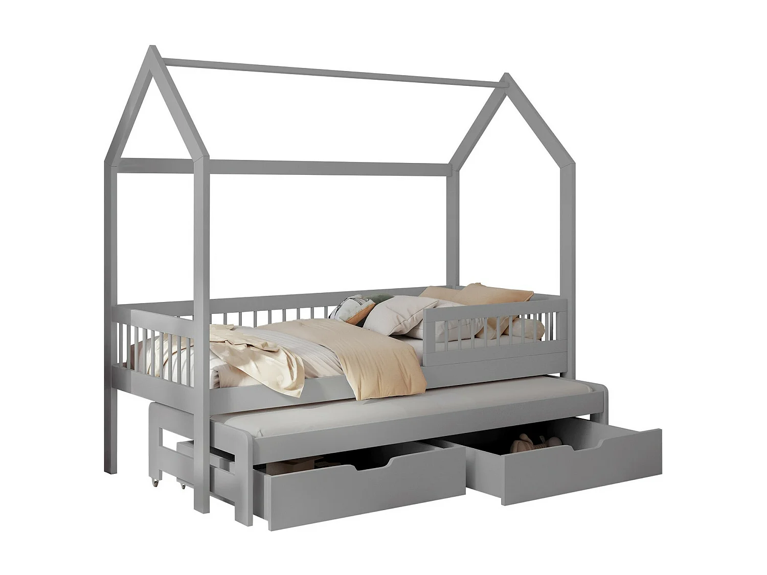 Cama Henderson 166, Individual con una cama supletoria-nido, Gris, 90x190|90x200, Madera