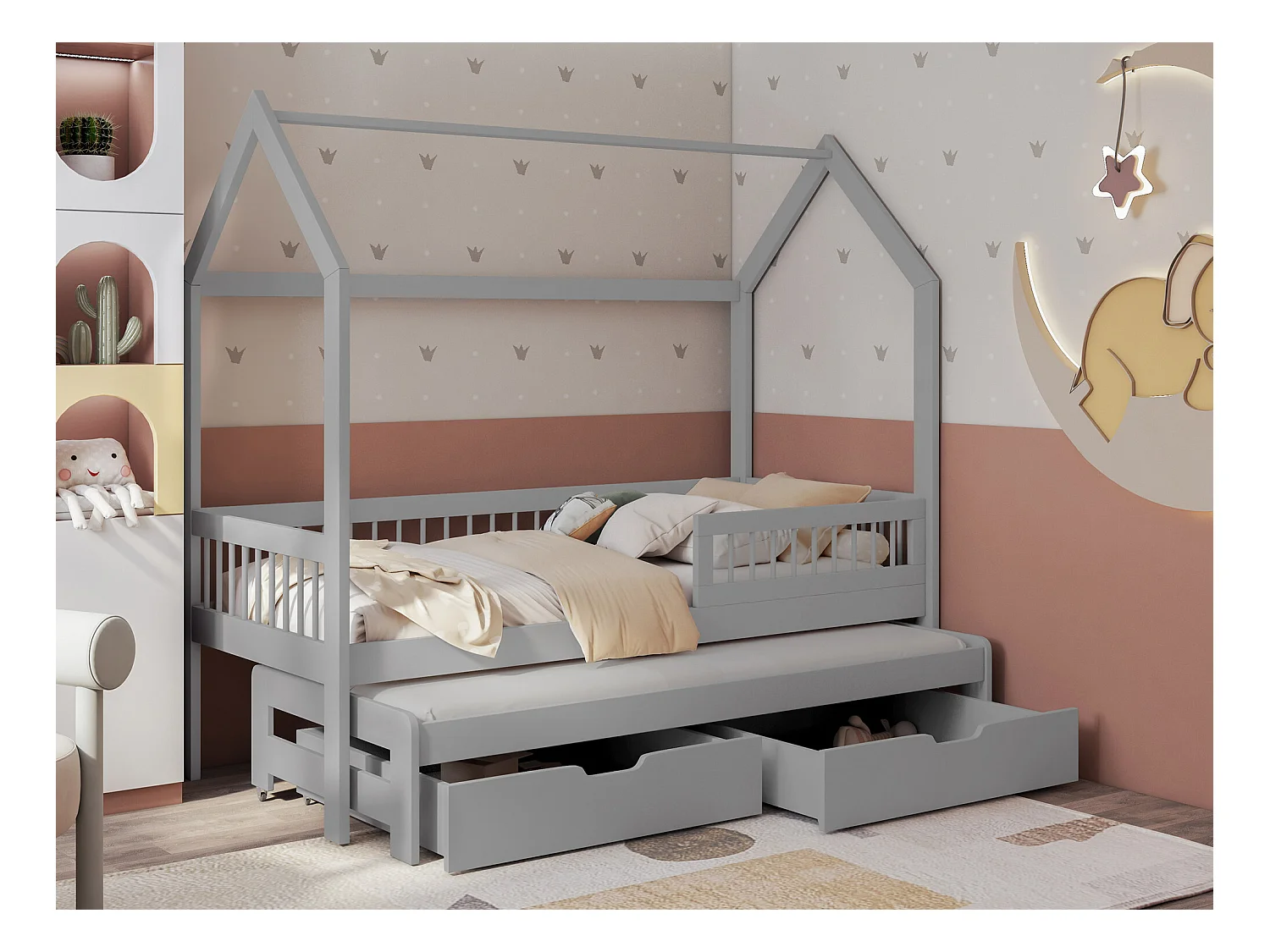 Lit Henderson 166, Simple avec un lit gigogne supplémentaire, Gris, 80x170|80x180, Bois,