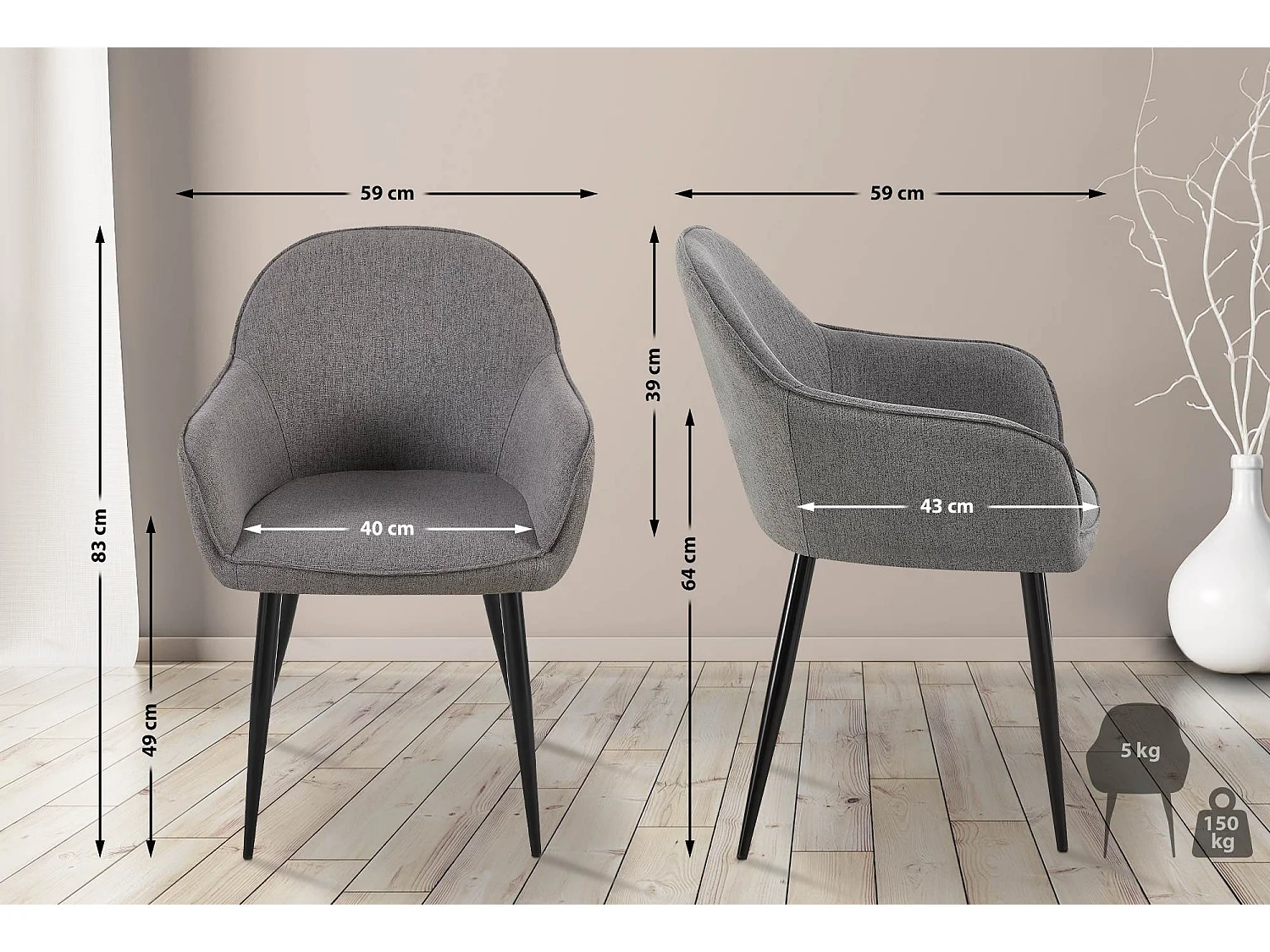 Lot de 2  chaise salle à manger - Tissu - Gris foncé - Boise