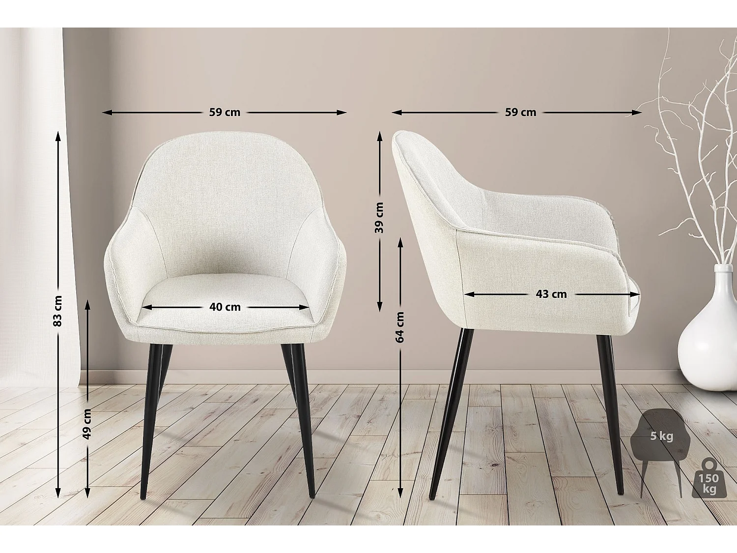 Lot de 2  chaise salle à manger - Tissu - Crème - Boise