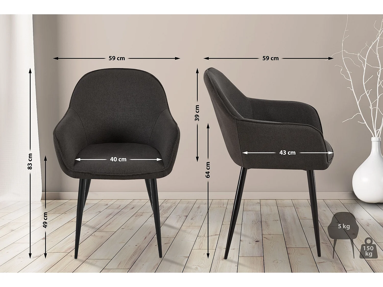 Lot de 2  chaise salle à manger - Tissu - Noir - Boise