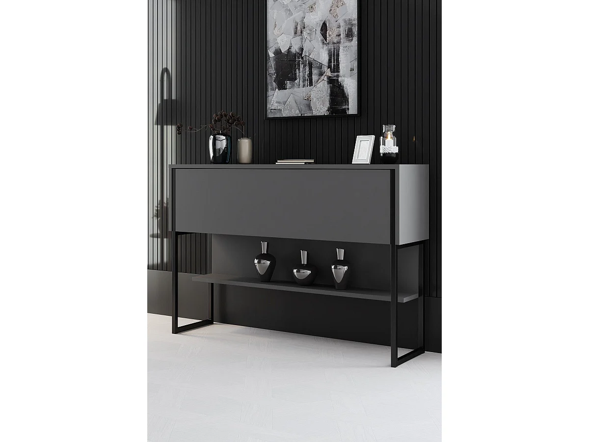 Console moderne 1 porte Sibylle L120cm Bois Anthracite et Métal Noir