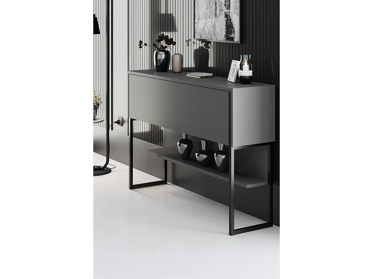 Console moderne 1 porte Sibylle L120cm Bois Anthracite et Métal Noir