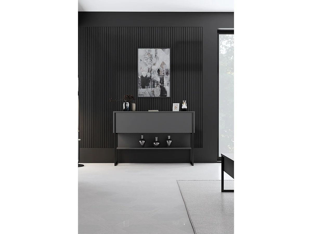 Console moderne 1 porte Sibylle L120cm Bois Anthracite et Métal Noir