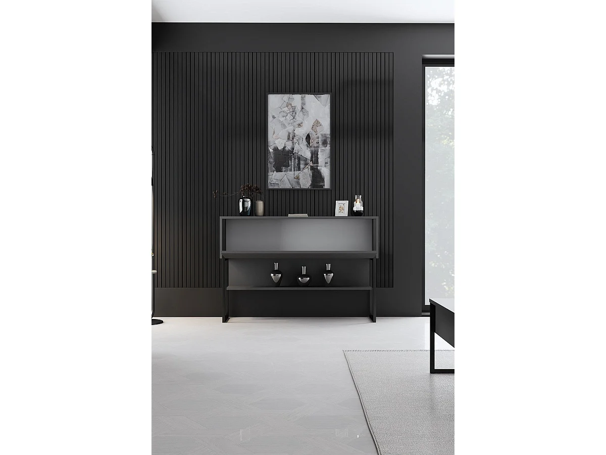 Console moderne 1 porte Sibylle L120cm Bois Anthracite et Métal Noir