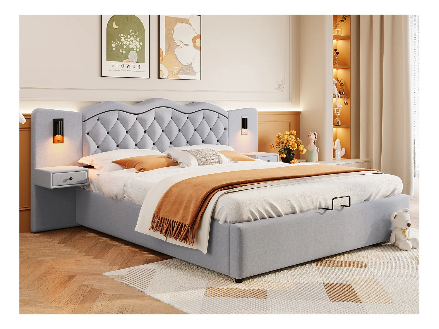 Lit coffre 180x200 cm en lin - 2 chevets de rangement avec prise USB et lampes - Gris