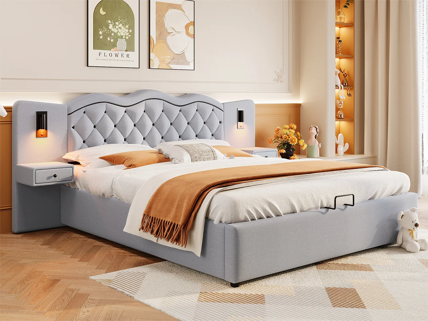 Linnenopbergbed 180x200 cm - 2 nachtkastjes met opbergruimte met USB-aansluiting en lampen - Grijs