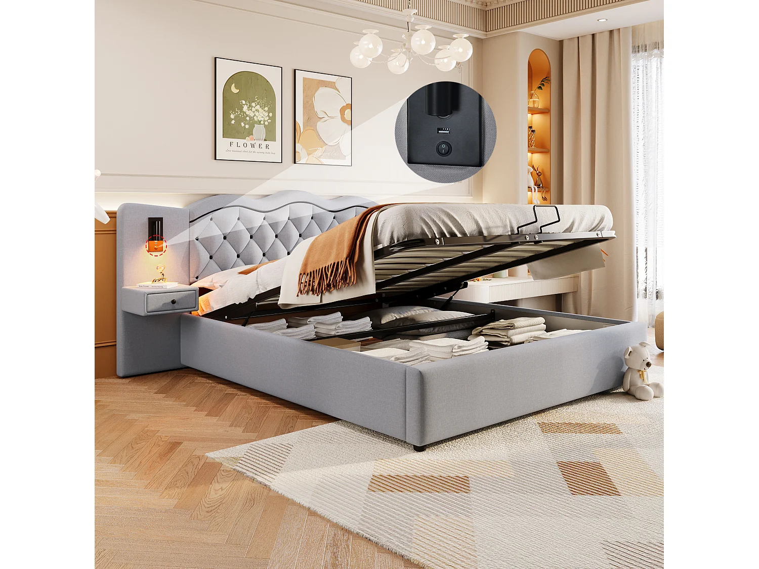 Linnenopbergbed 180x200 cm - 2 nachtkastjes met opbergruimte met USB-aansluiting en lampen - Grijs