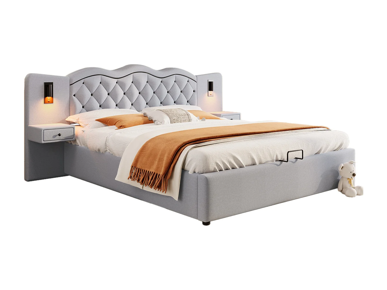 Linnenopbergbed 180x200 cm - 2 nachtkastjes met opbergruimte met USB-aansluiting en lampen - Grijs