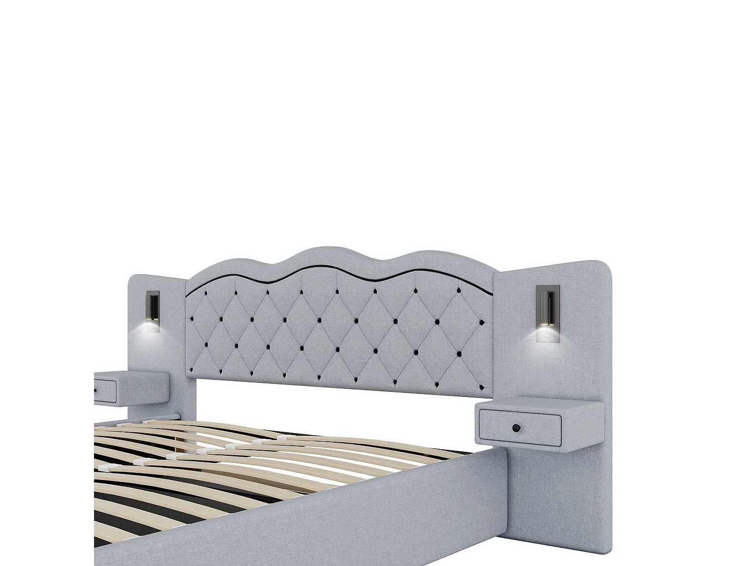 Linnenopbergbed 180x200 cm - 2 nachtkastjes met opbergruimte met USB-aansluiting en lampen - Grijs