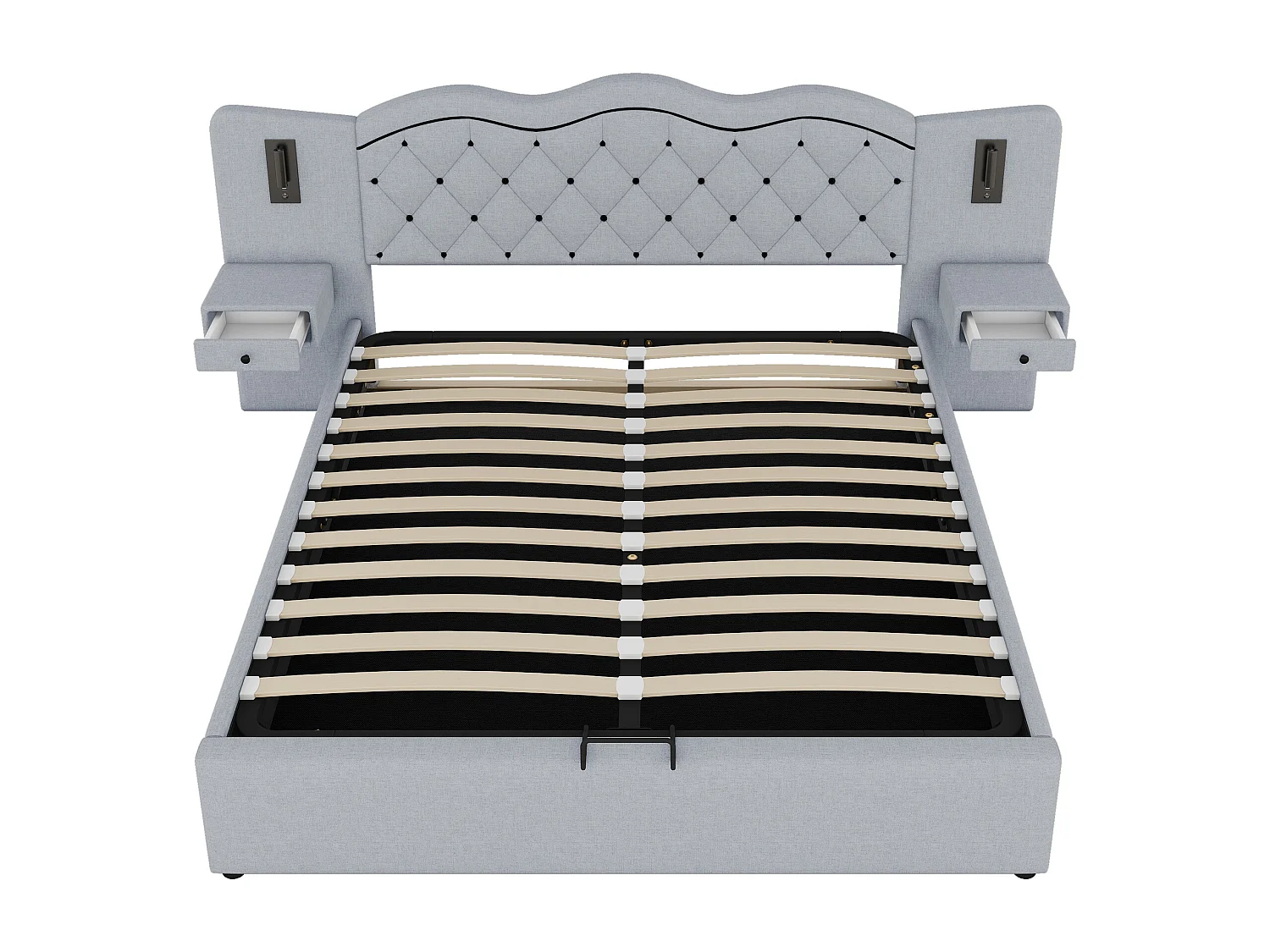 Linnenopbergbed 180x200 cm - 2 nachtkastjes met opbergruimte met USB-aansluiting en lampen - Grijs