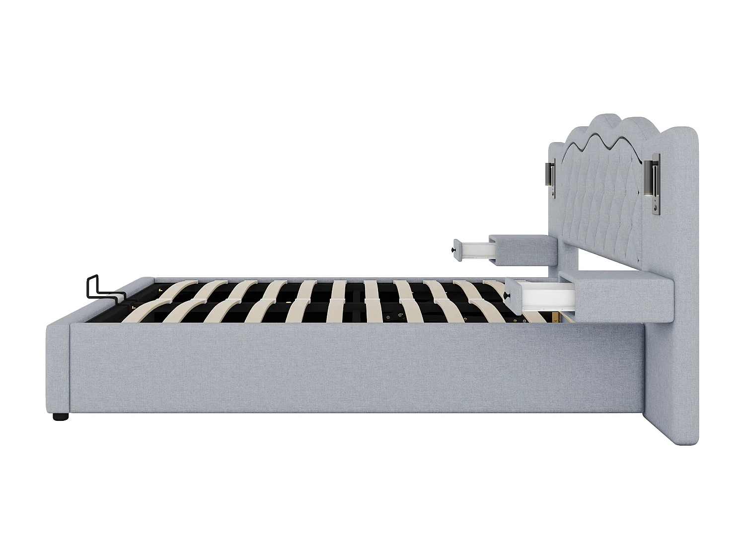 Linnenopbergbed 180x200 cm - 2 nachtkastjes met opbergruimte met USB-aansluiting en lampen - Grijs