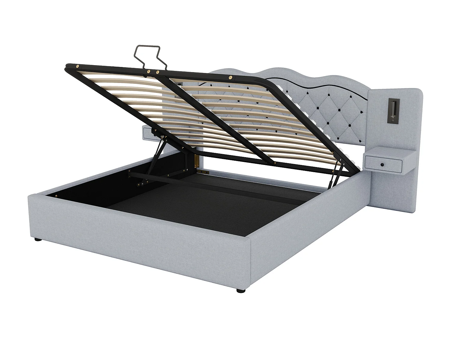 Linnenopbergbed 180x200 cm - 2 nachtkastjes met opbergruimte met USB-aansluiting en lampen - Grijs