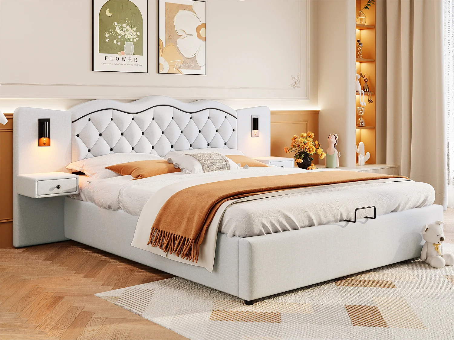 Cama de arrumação em linho 180x200 cm - 2 mesas de cabeceira com tomada USB e candeeiros - Bege