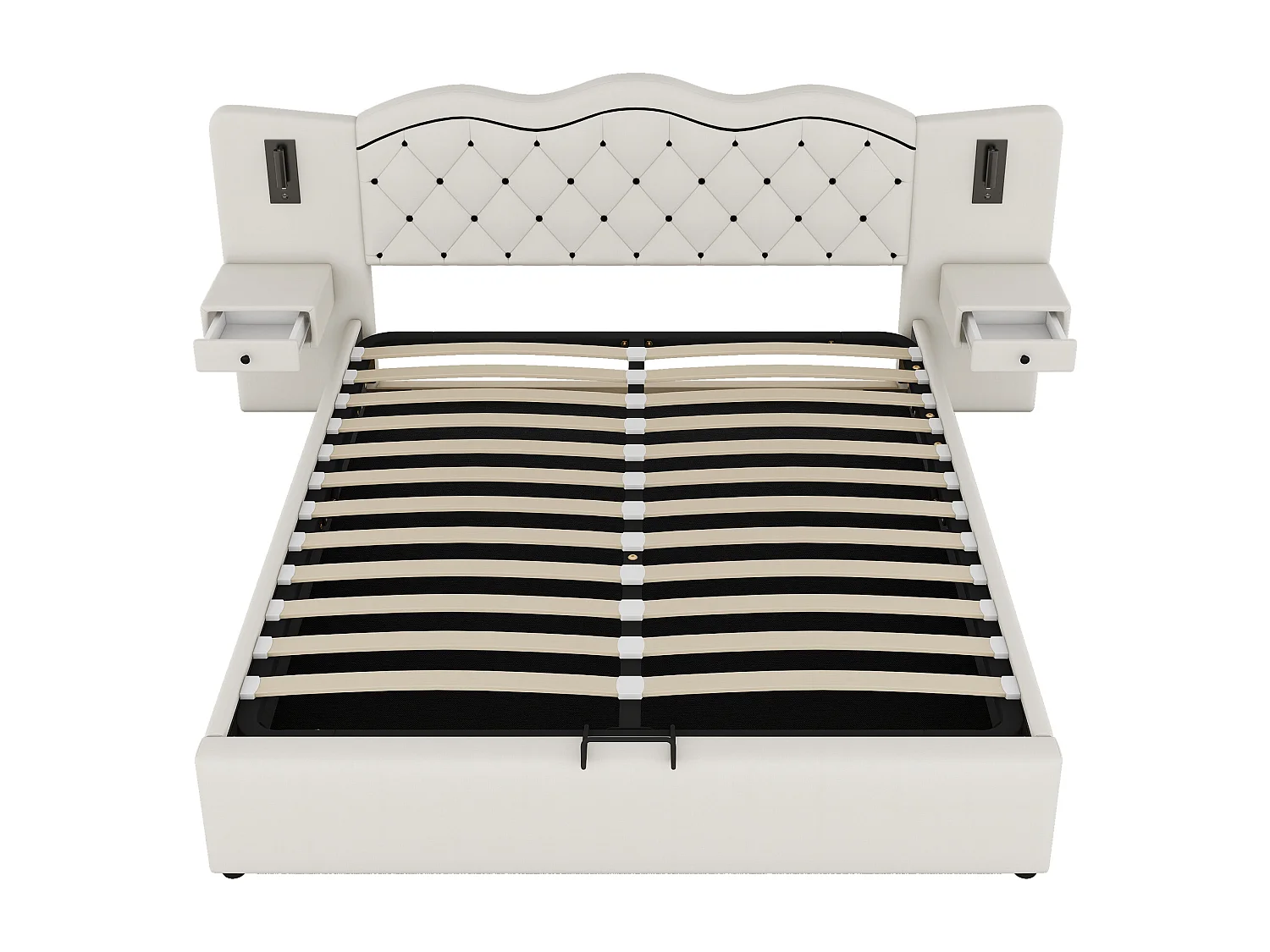 Cama de arrumação em linho 180x200 cm - 2 mesas de cabeceira com tomada USB e candeeiros - Bege