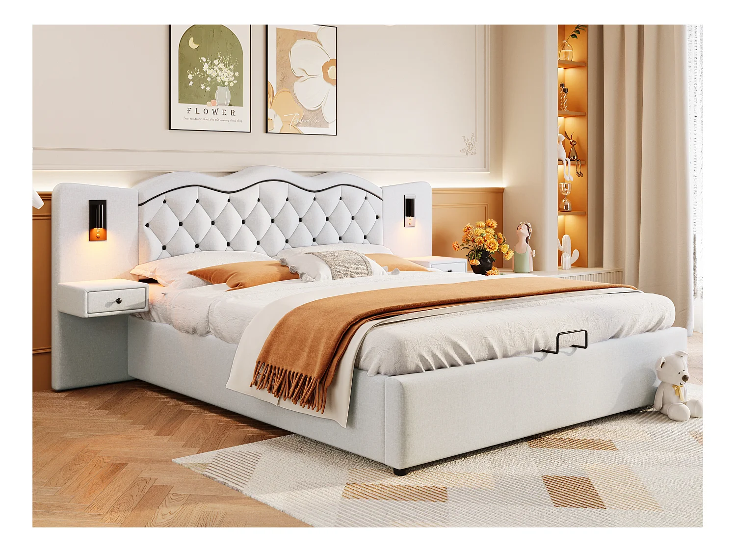 Łóżko 180x200 cm z lnu - 2 szafki nocne z gniazdem USB i lampkami - Beżowy
